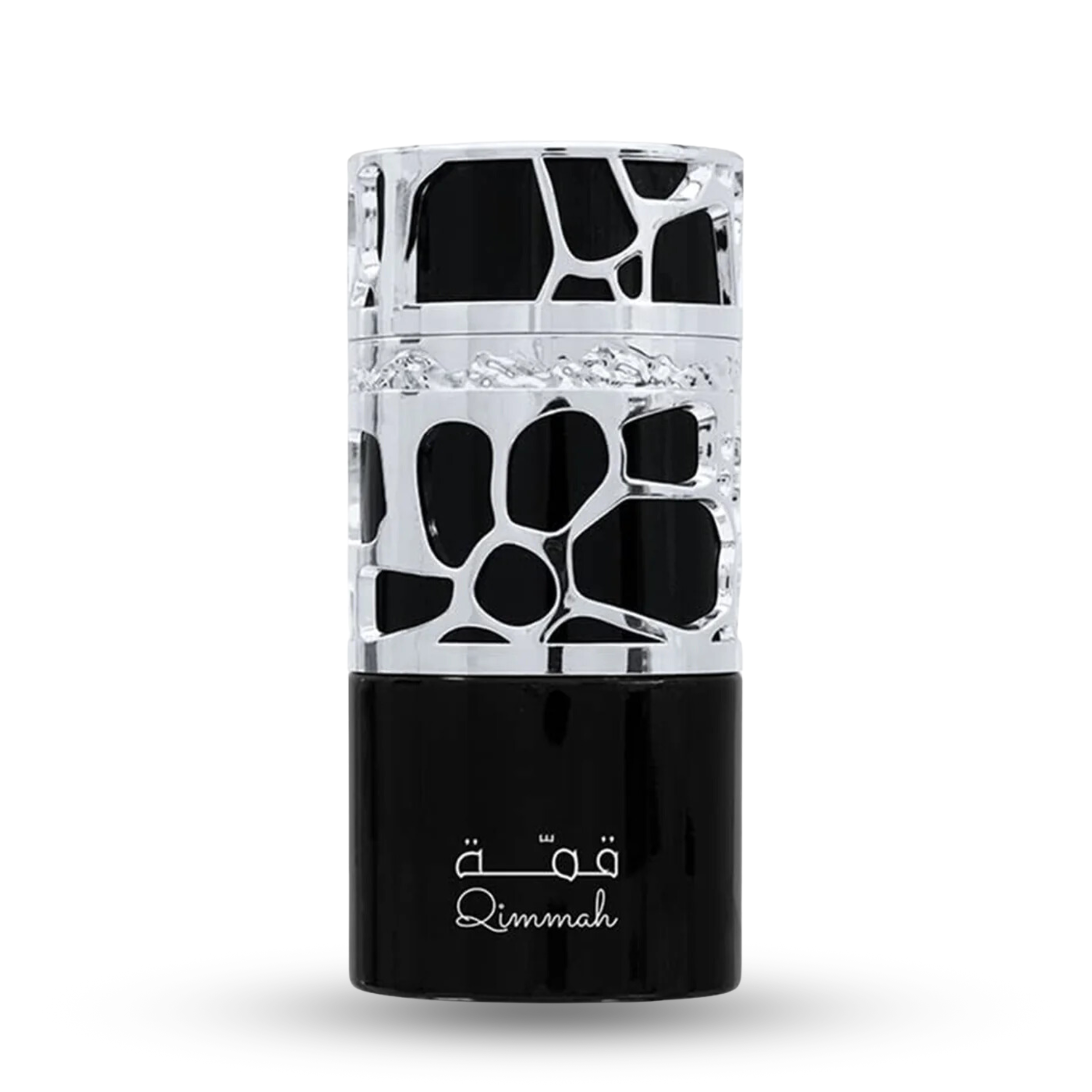 Encased in a sleek black cylinder with silver accents, Qimmah exudes modernity and strength, making it a perfect addition to any man's fragrance collection.